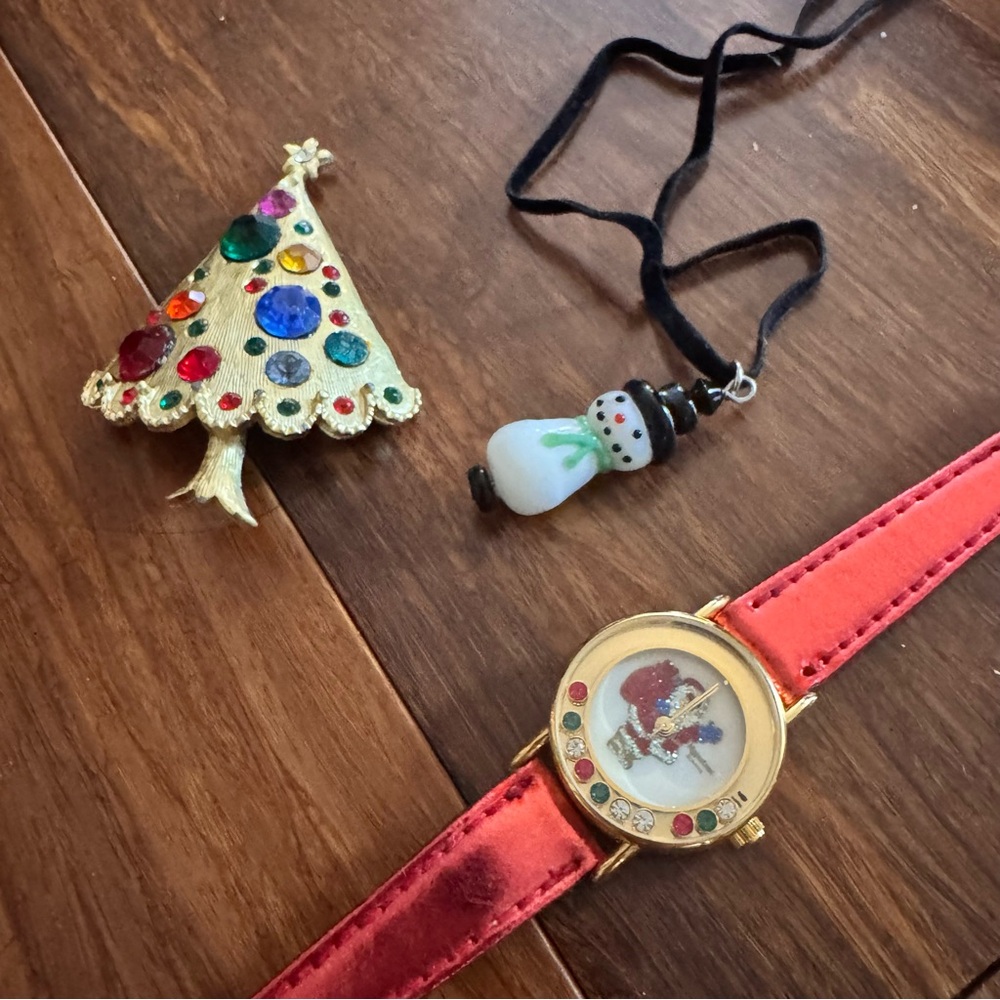 3pc Set Christmas Holiday Jewelry Tree Brooch Glass Snowman Necklace Santa Watch